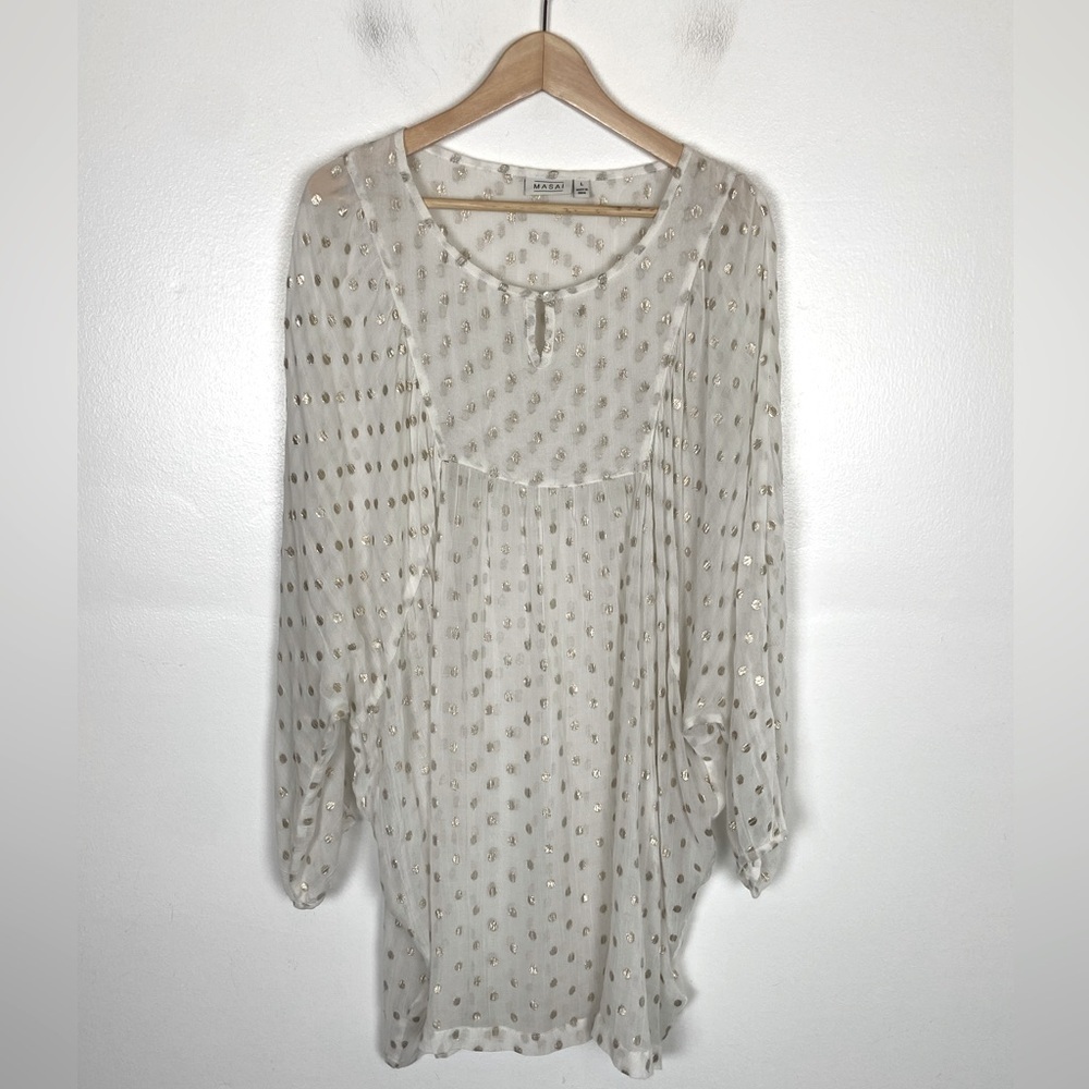 Masai‎ Sheer Boho Tunic Top Size L White Gold Polka Dot Long Sleeve Puff Sleeves